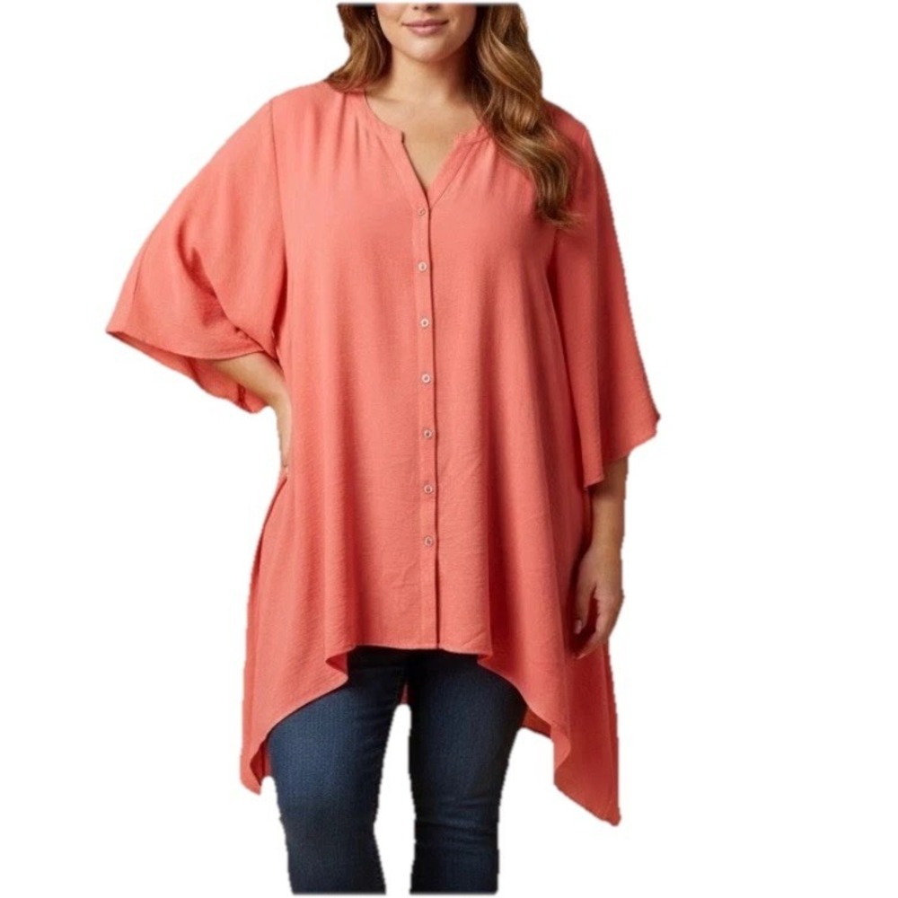 Catherines Coral Flare 3/4 Sleeve Button‎ Chiffon Swing Top Size 4X